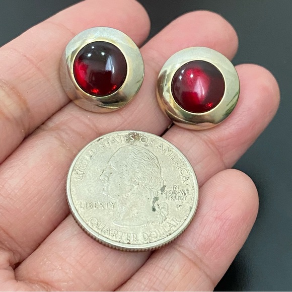 Vintage SWANK Ruby Red Stone Cabochon Gold-tone Cufflinks 8g - Picture 8 of 11